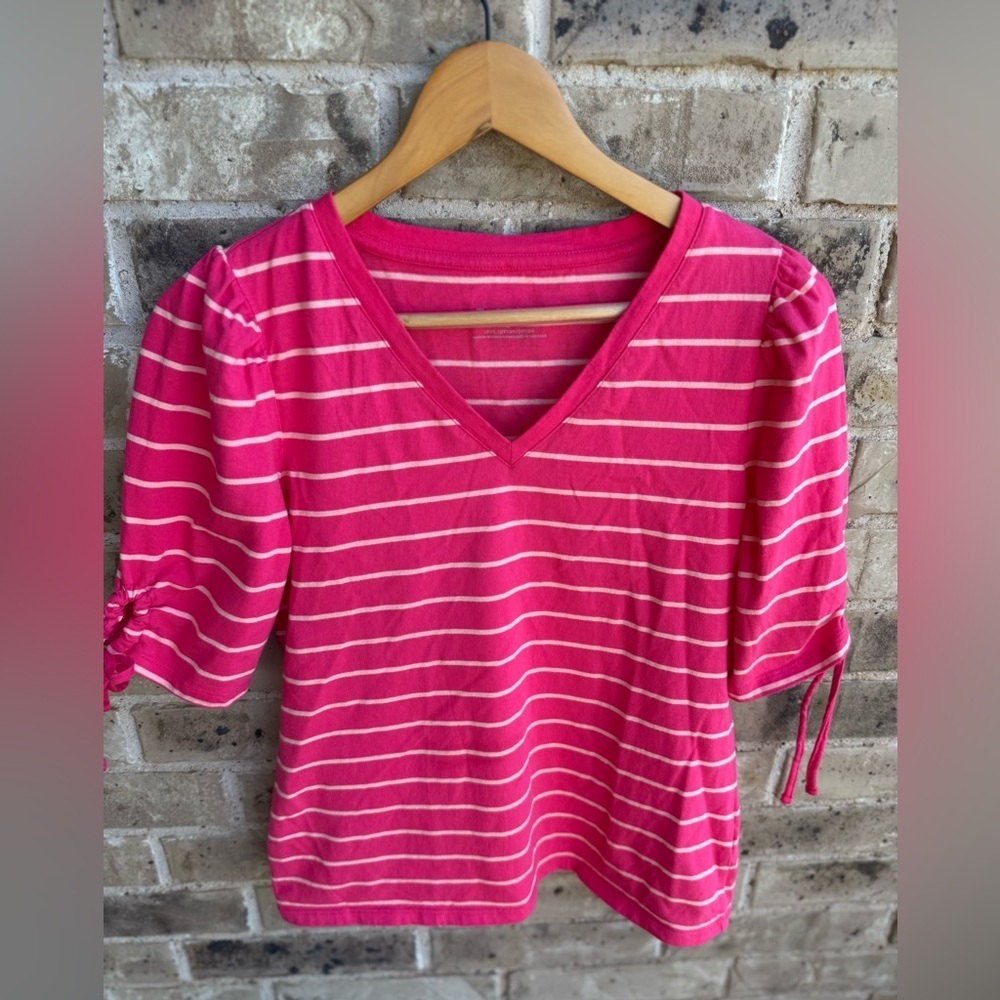 Talbots Fun Raspberry Peach Stripe Tise Sleeve V-… - image 5